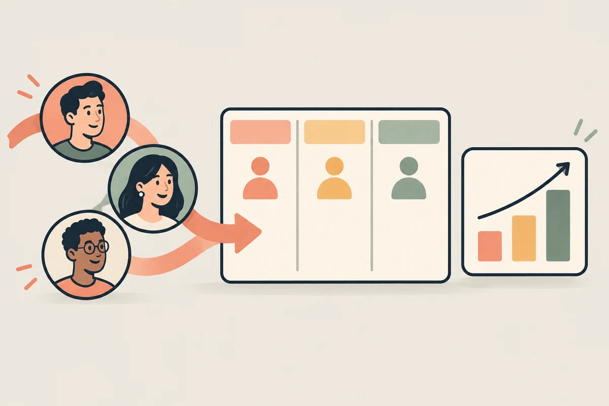 Candidates moving into an organised hiring board, alongside a simple analytics chart.