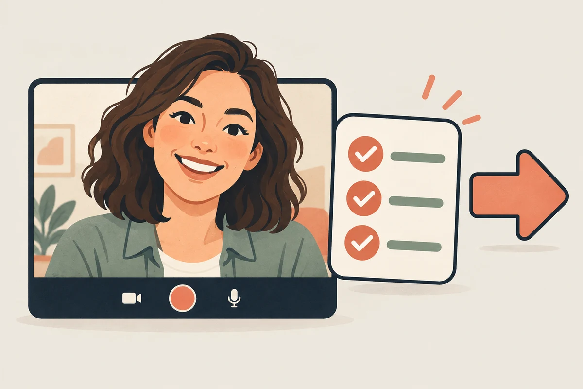 A candidate answering on video beside a short, completed checklist.