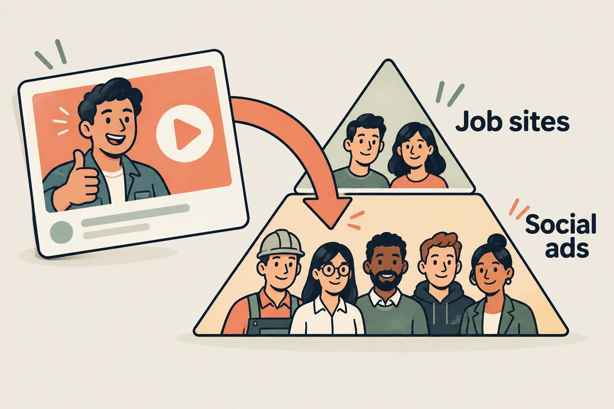 A two-tier candidate pyramid, with social recruitment reaching people below the active jobseeker tier.
